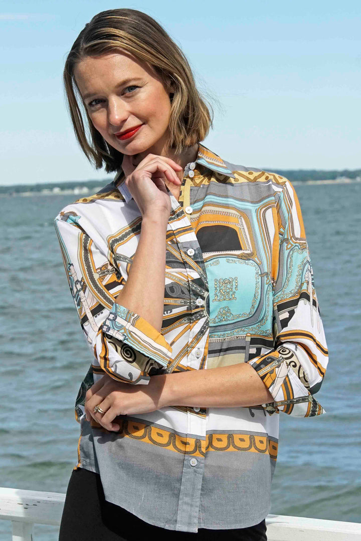 Dizzy-Lizzie Rome 3/4 Sleeve Shirt - Neutral All Over Print available at Barbara Katz