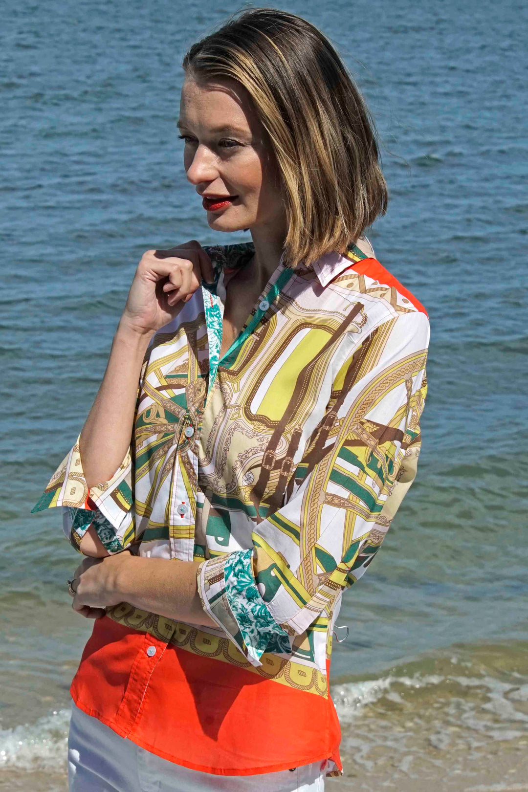 DIzzy-Lizzie Rome 3/4 Sleeve Shirt - Melon And Chartreuse Wagon Wheel Print available at Barbara Katz