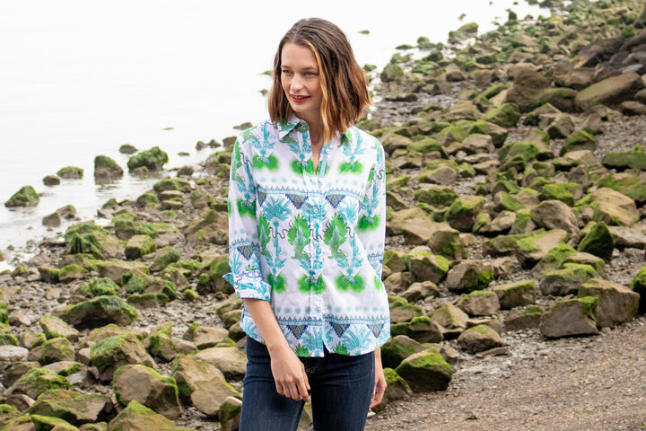 Dizzy-Lizzie Rome 3/4 Sleeve Shirt - Multi Palm Trees available at Barbara Katz