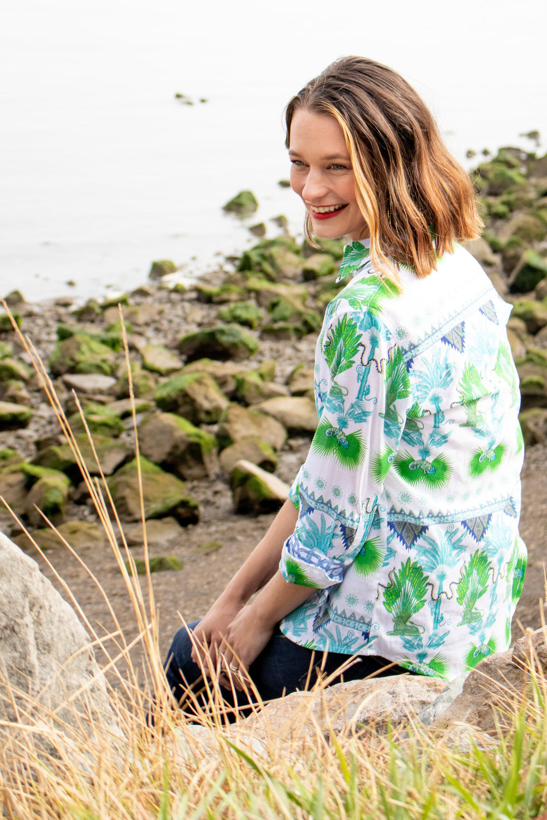 Dizzy-Lizzie Rome 3/4 Sleeve Shirt - Multi Palm Trees available at Barbara Katz