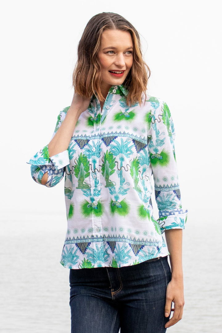 Dizzy-Lizzie Rome 3/4 Sleeve Shirt - Multi Palm Trees available at Barbara Katz