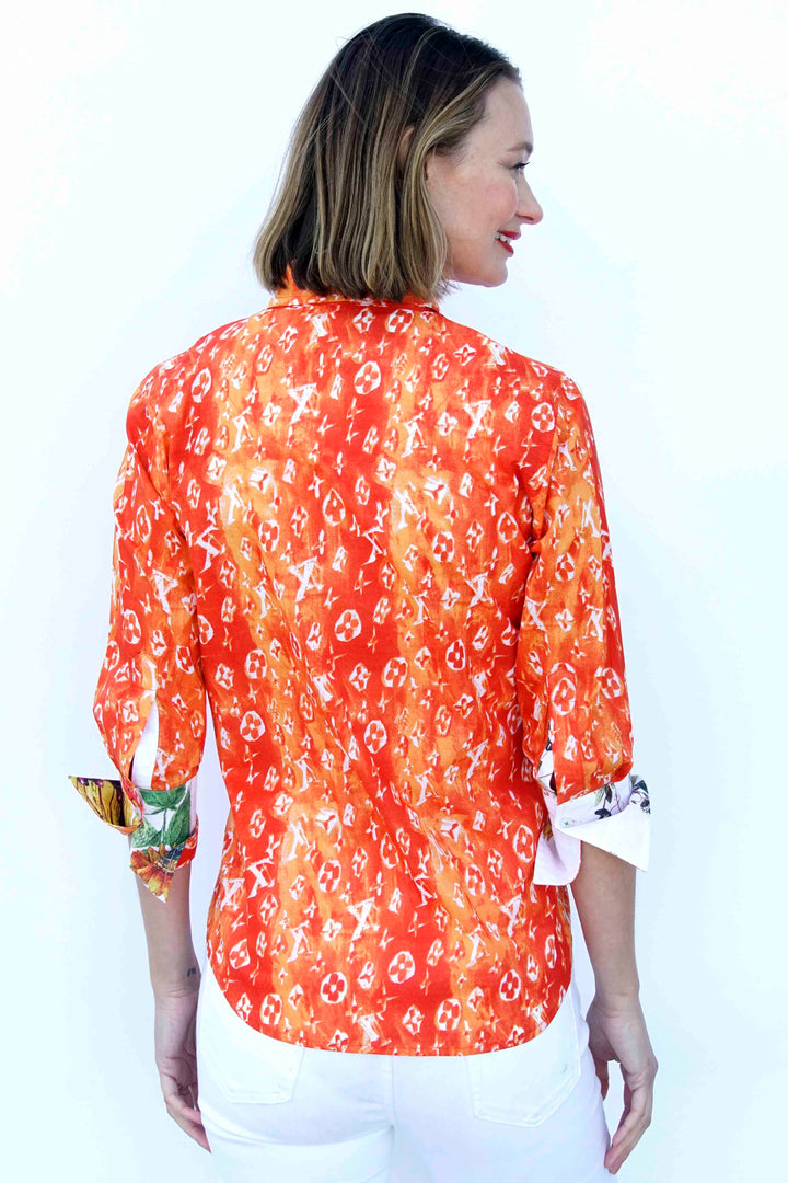 Dizzy-Lizzie 3/4 Sleeve Orange And White "Not Really Louis" Print available at Barbara Katz