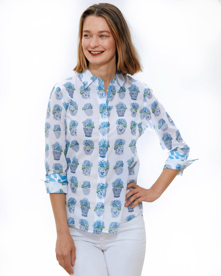 Dizzy-Lizzie Rome 3/4 Sleeve Shirt - Hydrangeas With Chinoiserie available at Barbara Katz