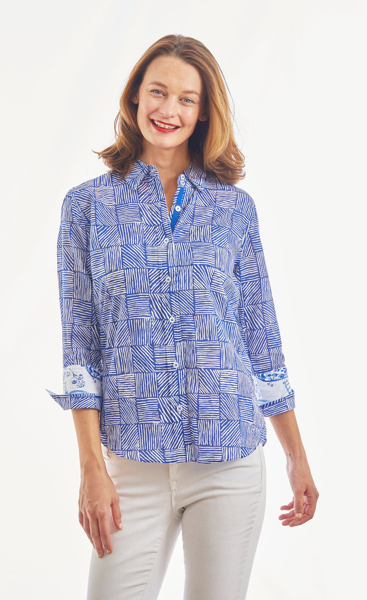 3/4 Sleeve Rome Navy White Criss Cross Boxes – Barbara Katz