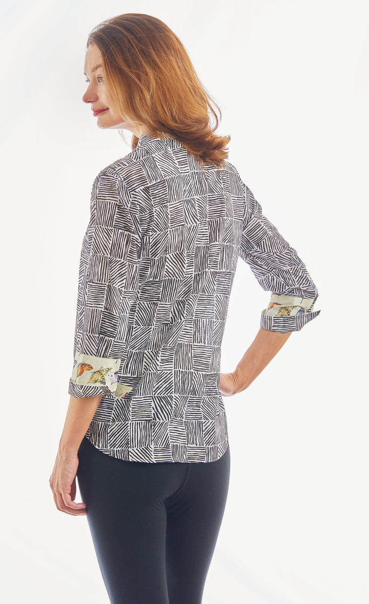 Dizzy-Lizzie Rome 3/4 Sleeve Shirt - Black White Criss Cross Boxes available at Barbara Katz