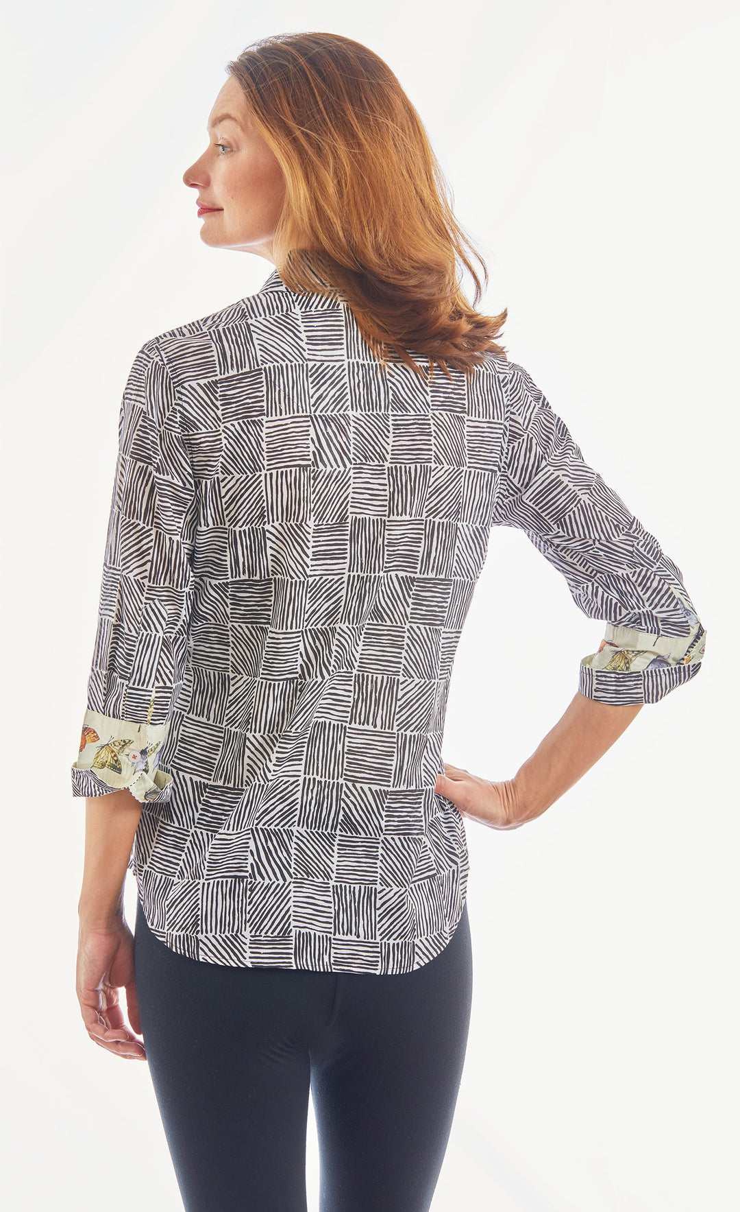 Dizzy-Lizzie Rome 3/4 Sleeve Shirt - Black White Criss Cross Boxes available at Barbara Katz