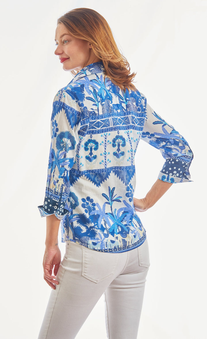 Dizzy-Lizzie Rome 3/4 Sleeve Shirt - Elephant Print Blues And White available at Barbara Katz