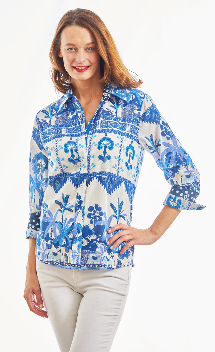 Dizzy-Lizzie Rome 3/4 Sleeve Shirt - Elephant Print Blues And White available at Barbara Katz