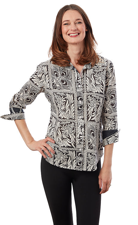 Dizzy-Lizzie Rome 3/4 Sleeve Shirt - Black White Geo available at Barbara Katz