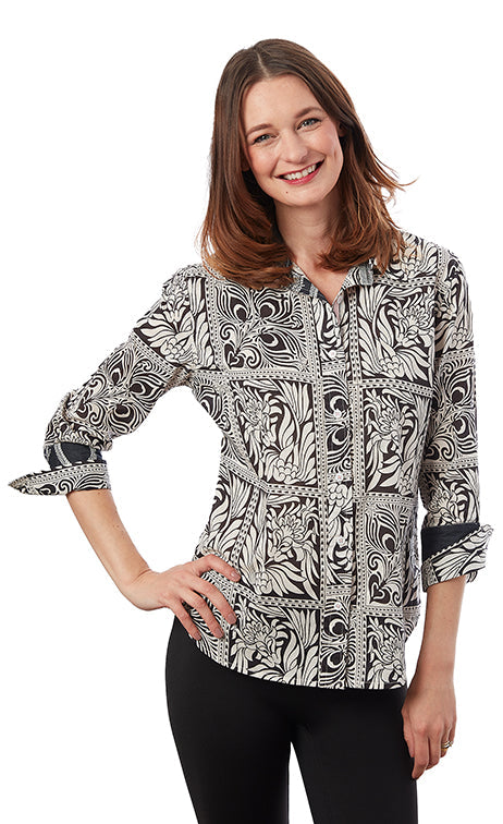 Dizzy-Lizzie Rome 3/4 Sleeve Shirt - Black White Geo available at Barbara Katz