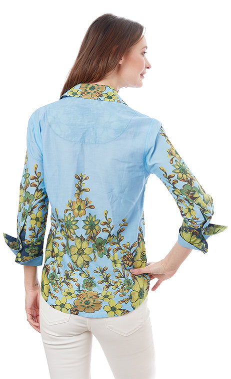 Dizzy-Lizzie Rome 3/4 Sleeve Shirt - Light Blue And Leaves available at Barbara Katz