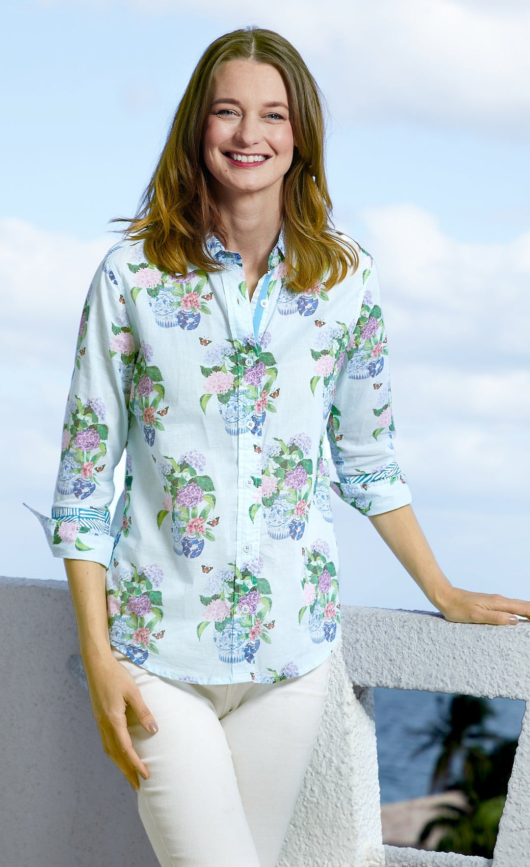 Dizzy-Lizzie Rome 3/4 Sleeve Shirt - Hydrangeas Print available at Barbara Katz