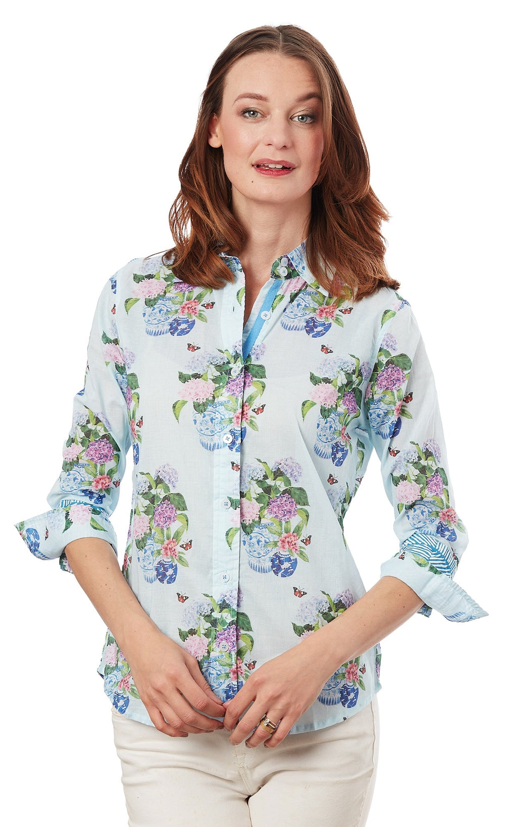 Dizzy-Lizzie Rome 3/4 Sleeve Shirt - Hydrangeas Print available at Barbara Katz