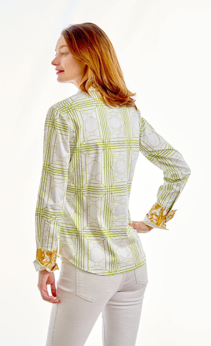 Dizzy-Lizzie Rome Long Sleeve Shirt - Green White Geo available at Barbara Katz