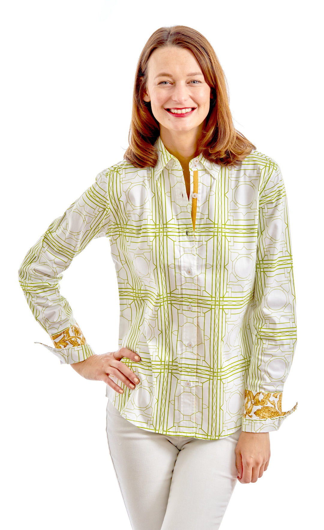 Dizzy-Lizzie Rome Long Sleeve Shirt - Green White Geo available at Barbara Katz