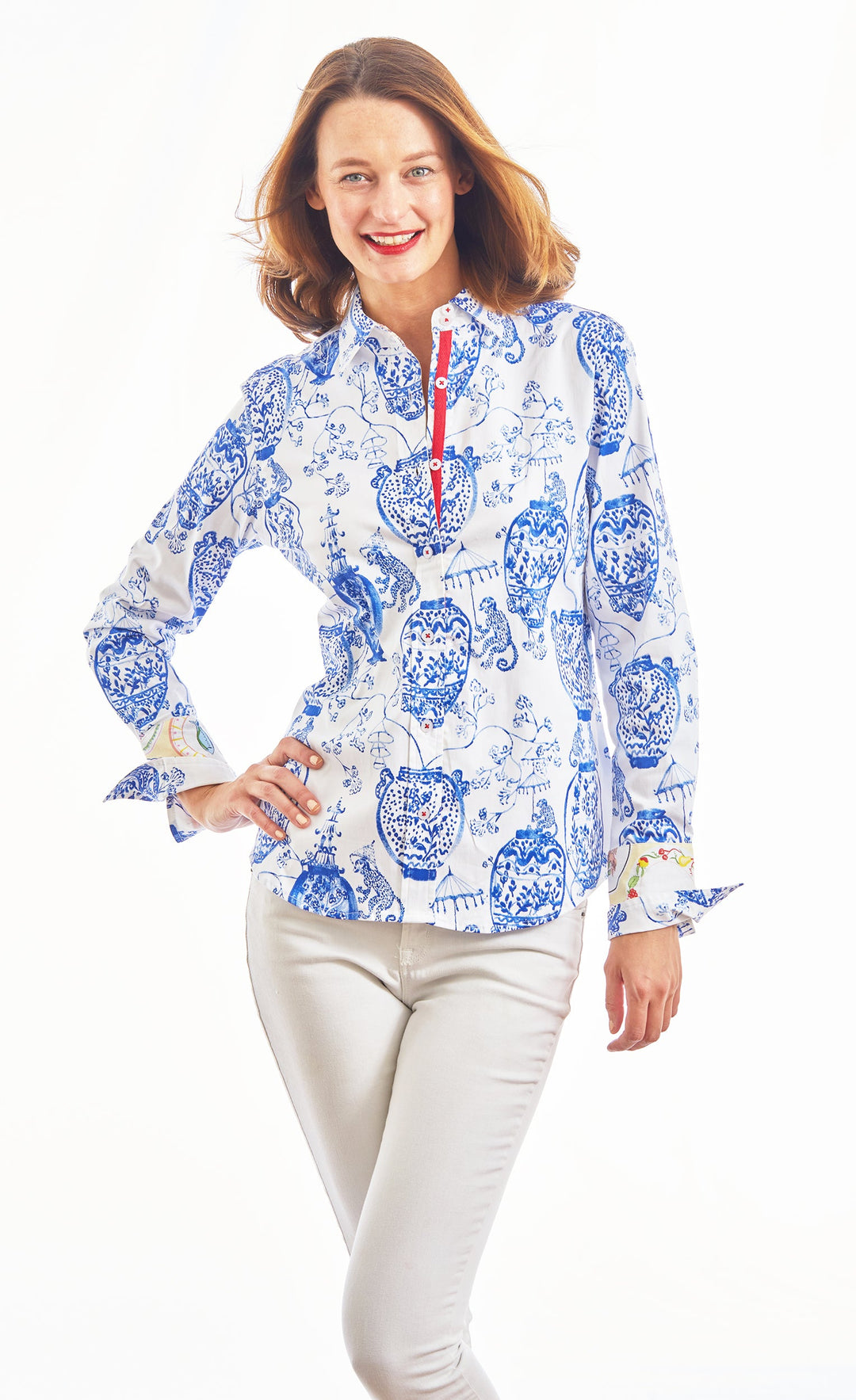 Dizzy-Lizzie Rome Long Sleeve Shirt - White Ground Chinoiserie Print available at Barbara Katz