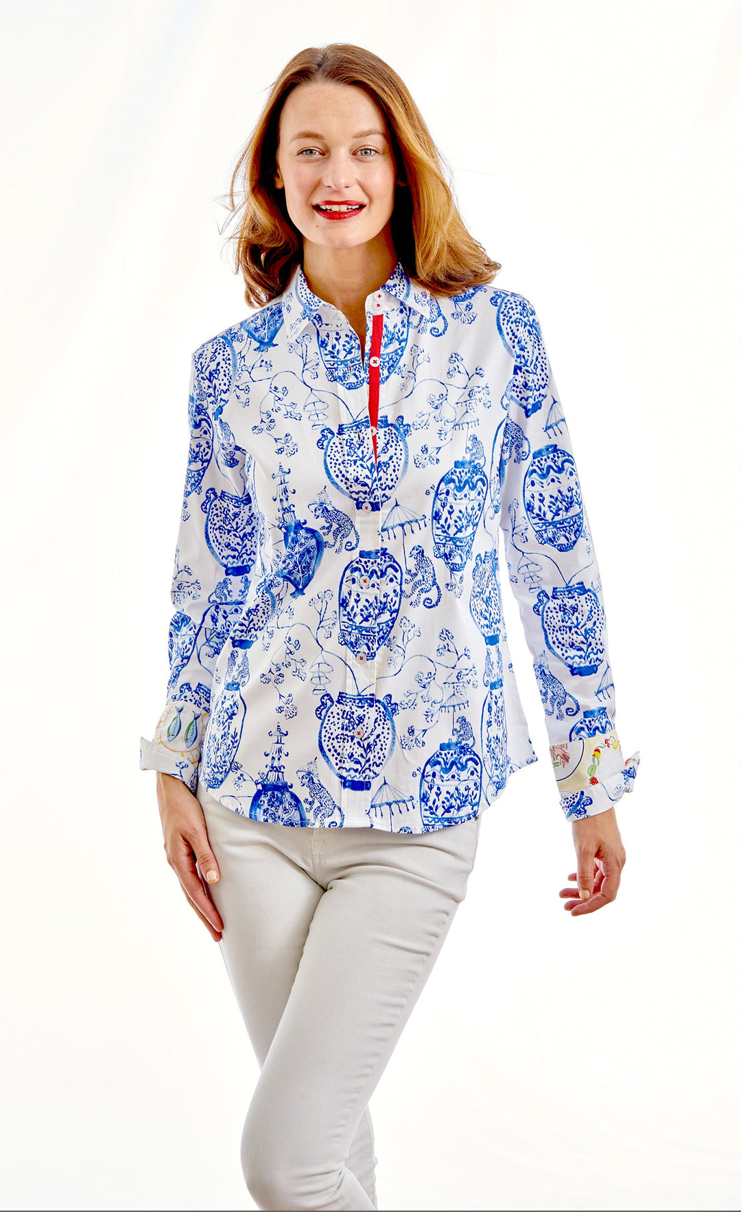 Dizzy-Lizzie Rome Long Sleeve Shirt - White Ground Chinoiserie Print available at Barbara Katz