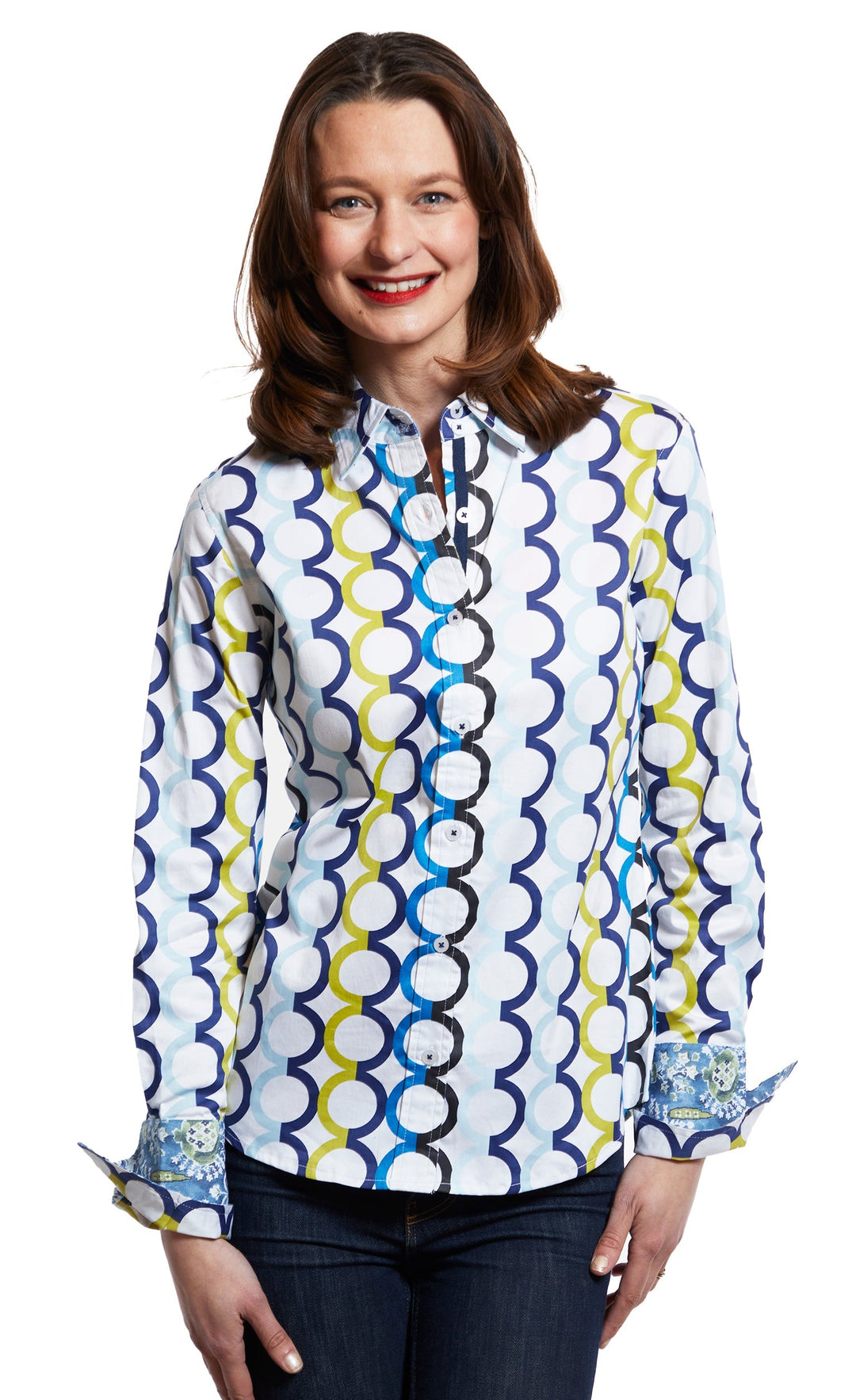 Dizzy-Lizzie Rome Long Sleeve Shirt - Blue Olympic Rings On White available at Barbara Katz