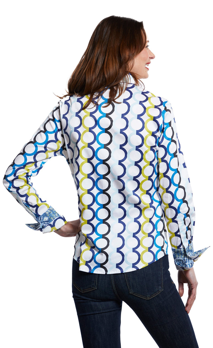 Dizzy-Lizzie Rome Long Sleeve Shirt - Blue Olympic Rings On White available at Barbara Katz