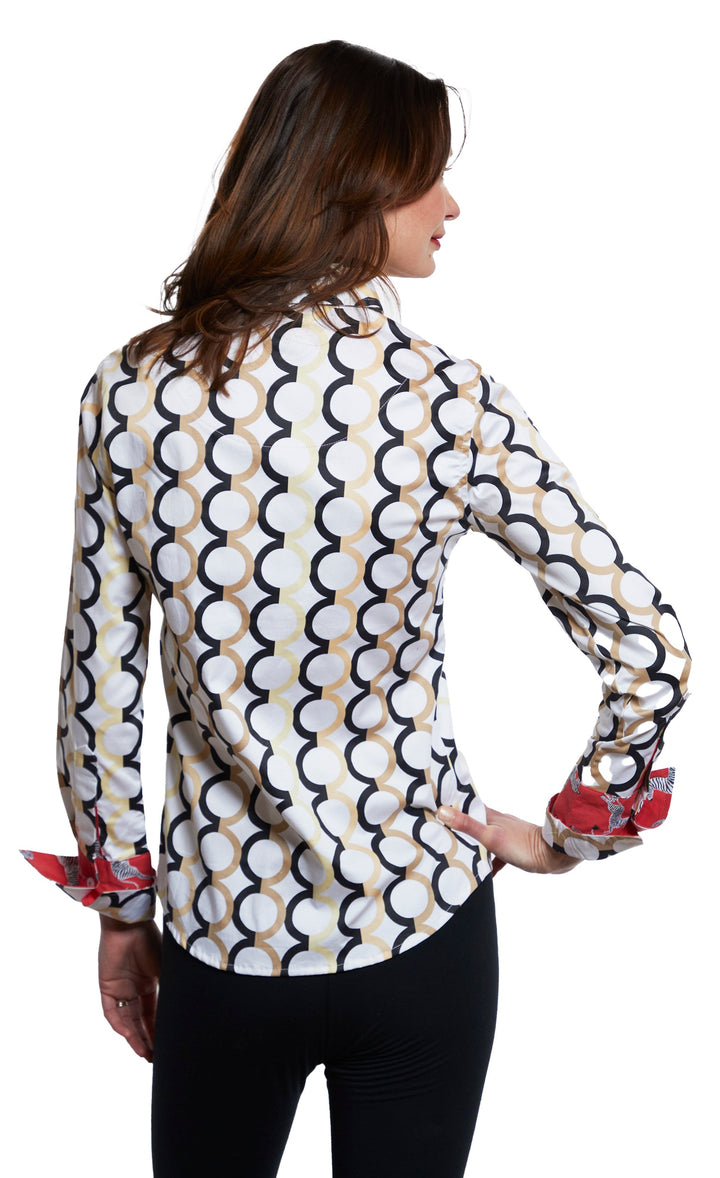 Dizzy-Lizzie Rome Long Sleeve Shirt - White Ground With Chocolate Neutral Olympic Rings available at Barbara Katz