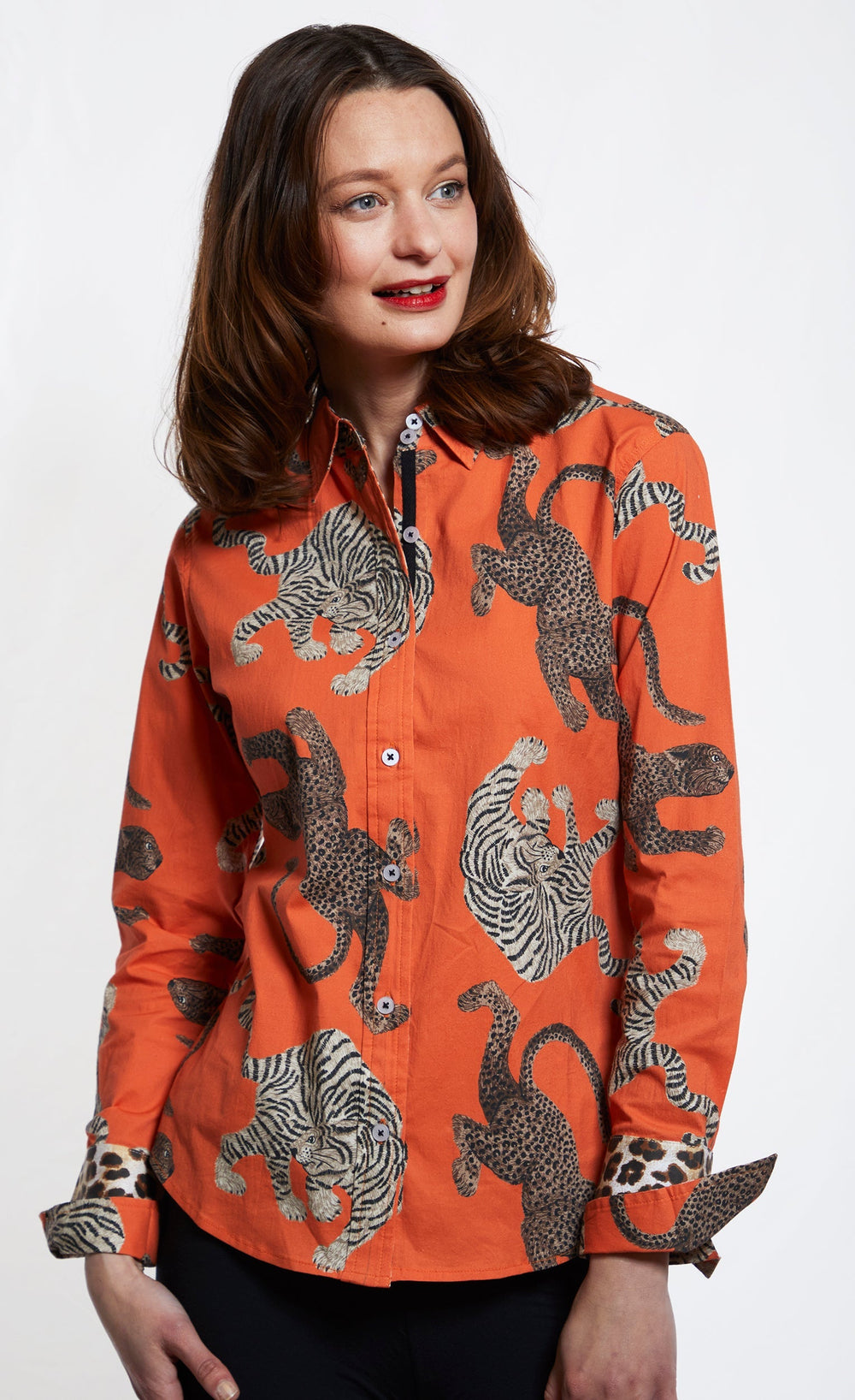 Dizzy-Lizzie Rome Long Sleeve Shirt - Rust Ground With Big Cats available at Barbara Katz