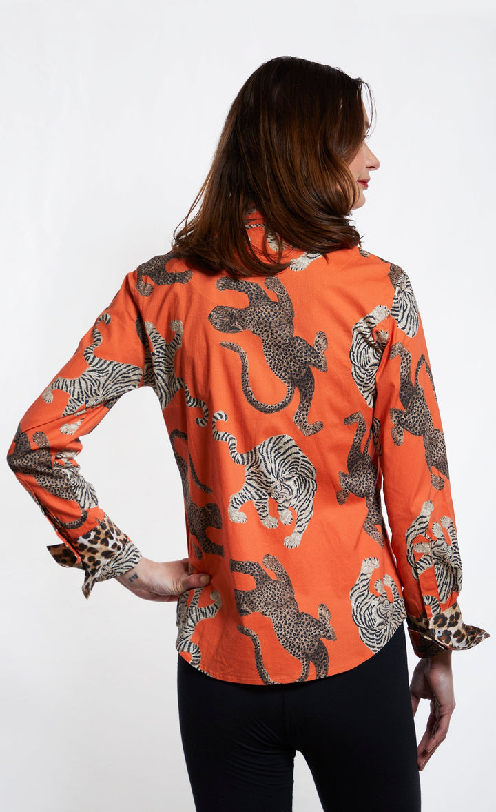 Dizzy-Lizzie Rome Long Sleeve Shirt - Rust Ground With Big Cats available at Barbara Katz