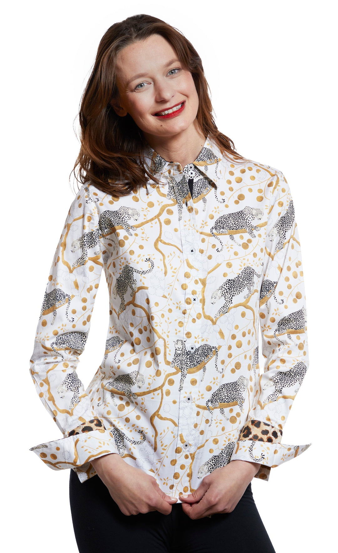 Dizzy-Lizzie Rome Long Sleeve Shirt - Sleepy Cheetahs In The Trees On A White Ground available at Barbara Katz