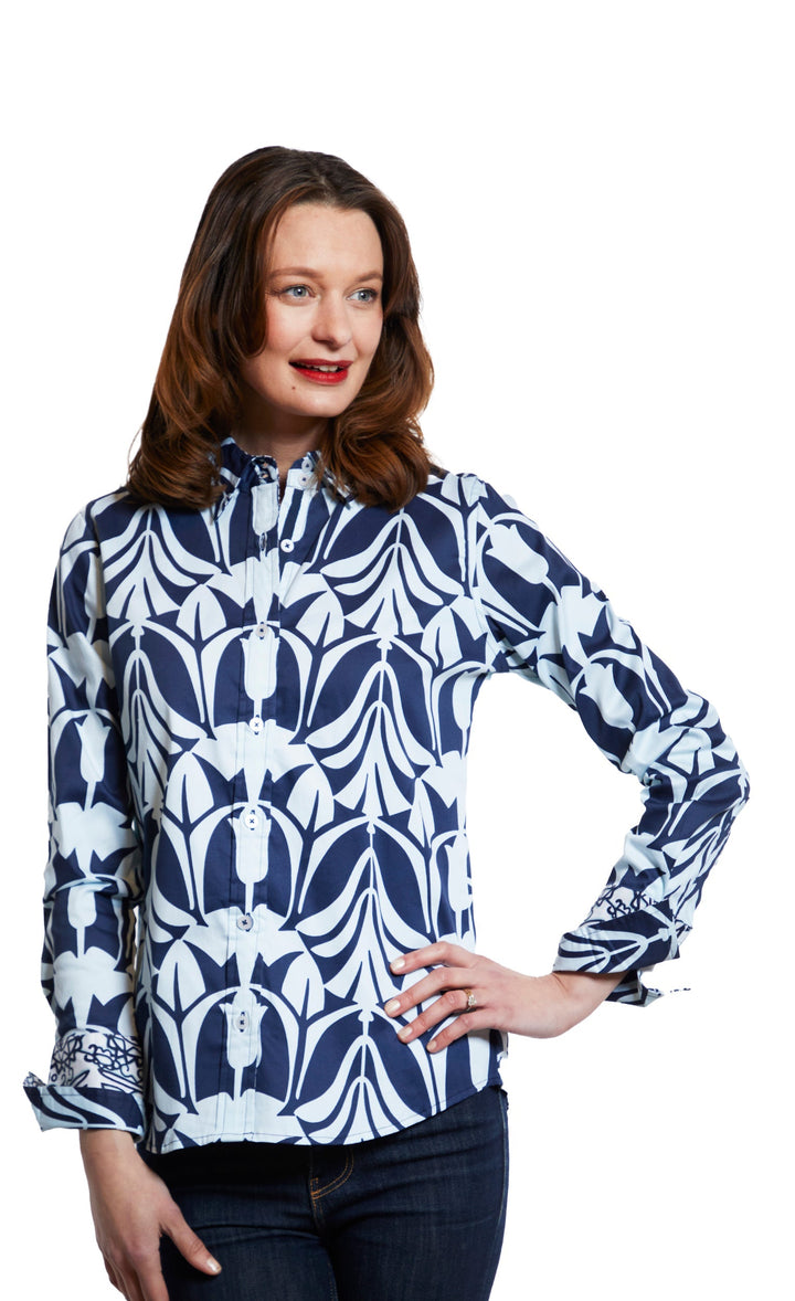 Dizzy-Lizzie Rome Long Sleeve Shirt - Blue On Blue Tulip Print available at Barbara Katz