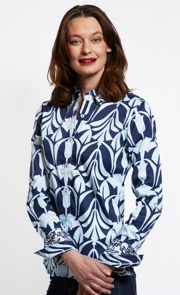 Dizzy-Lizzie Rome Long Sleeve Shirt - Blue On Blue Tulip Print available at Barbara Katz