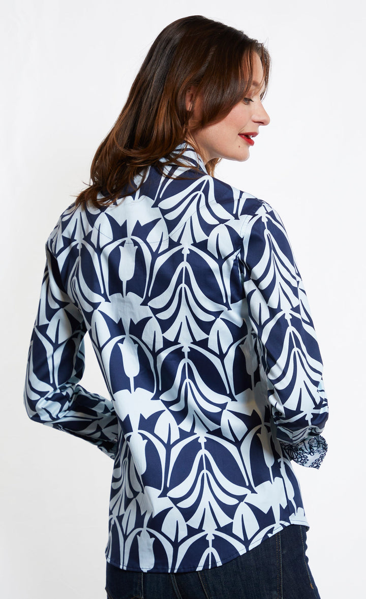 Dizzy-Lizzie Rome Long Sleeve Shirt - Blue On Blue Tulip Print available at Barbara Katz