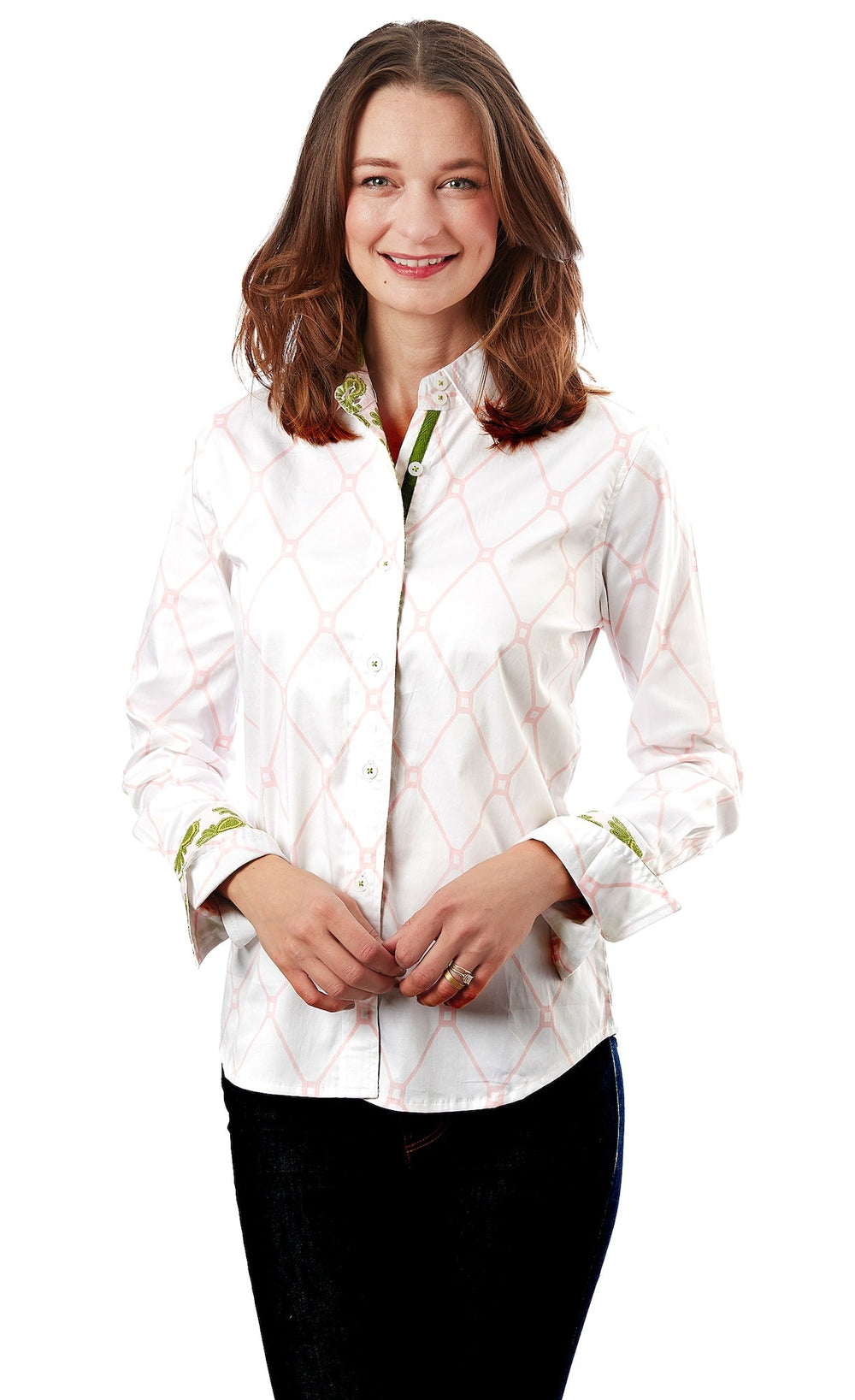 Dizzy-Lizzie Rome Long Sleeve Shirt - Pink White V Geometric available at Barbara Katz