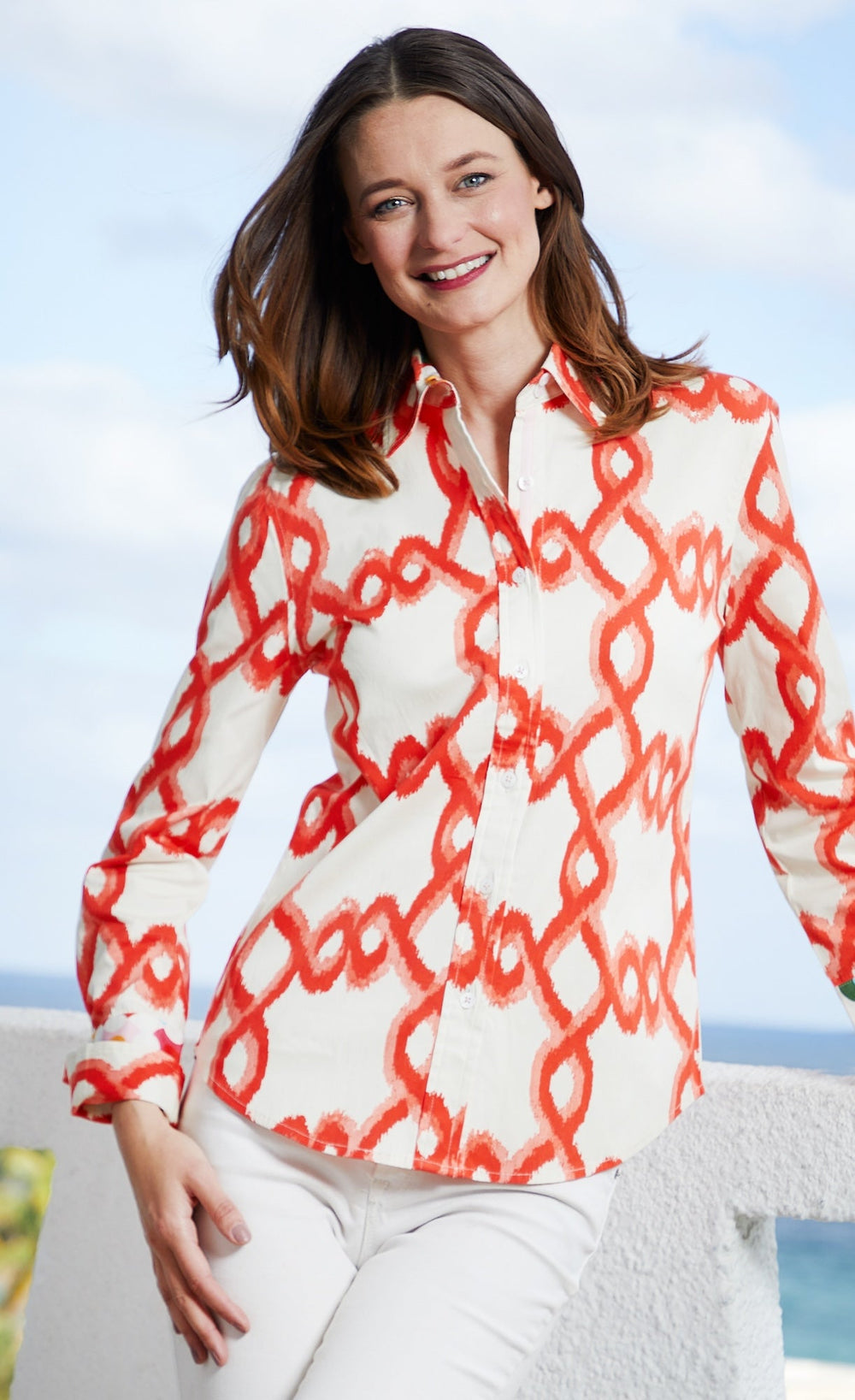 Dizzy-Lizzie Rome Long Sleeve Shirt - Orange White Flame Stitch available at Barbara Katz