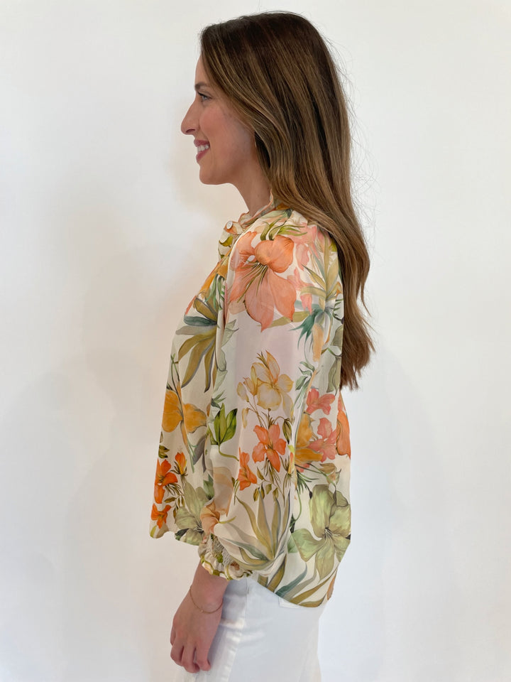 Finley Fiona Botanical Print 3/4 Sleeve  Shirt in Natural/Coral/Sage available at Barbara Katz