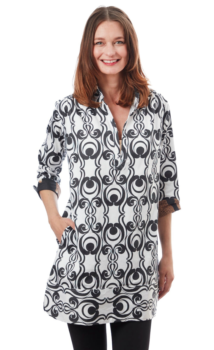 Dizzy-Lizzie Vail Tunic - Black White Geometric Print available at Barbara Katz