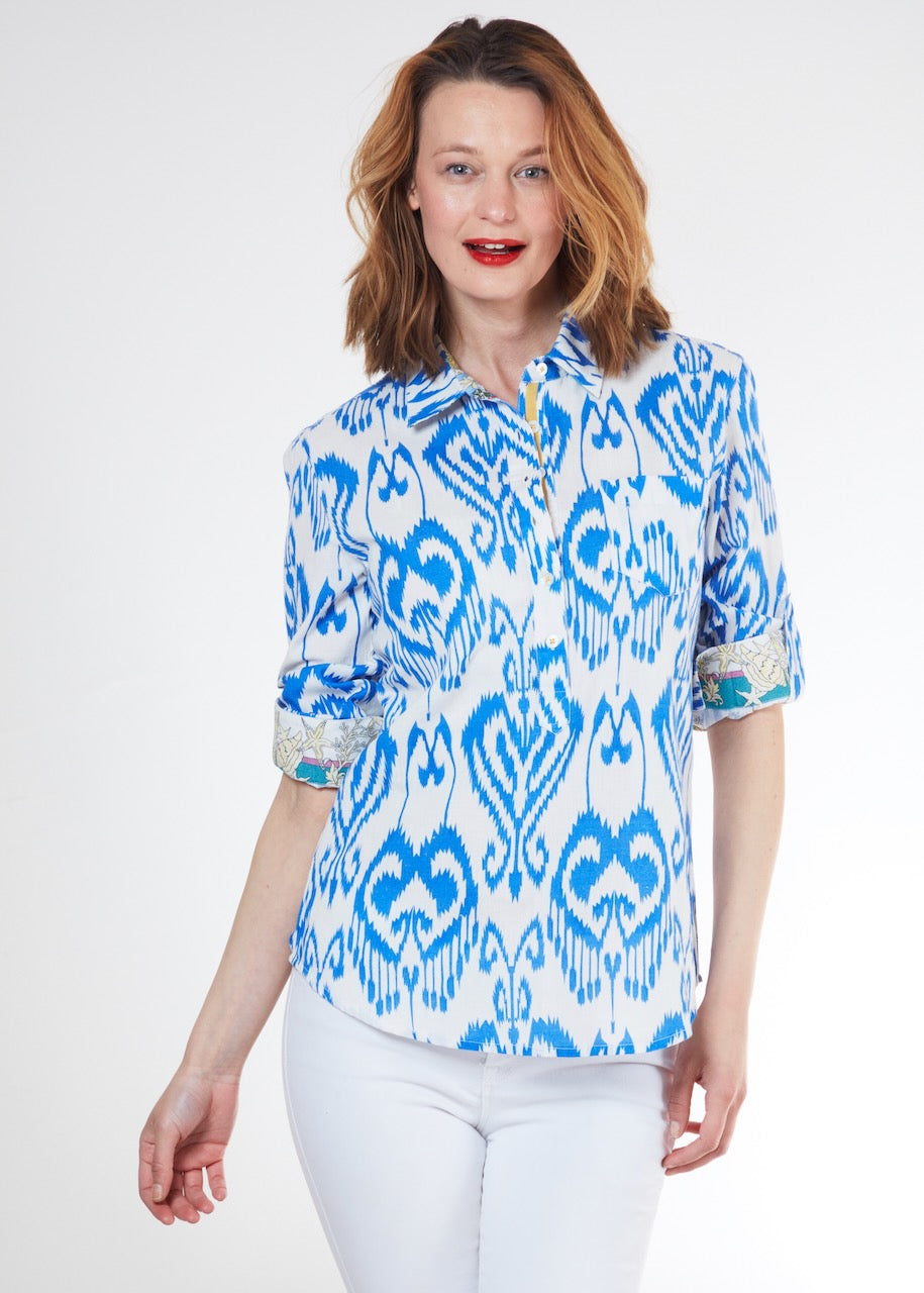 Dizzy-Lizzie Cannes Popover Shirt - Blue White Ikat available at Barbara Katz