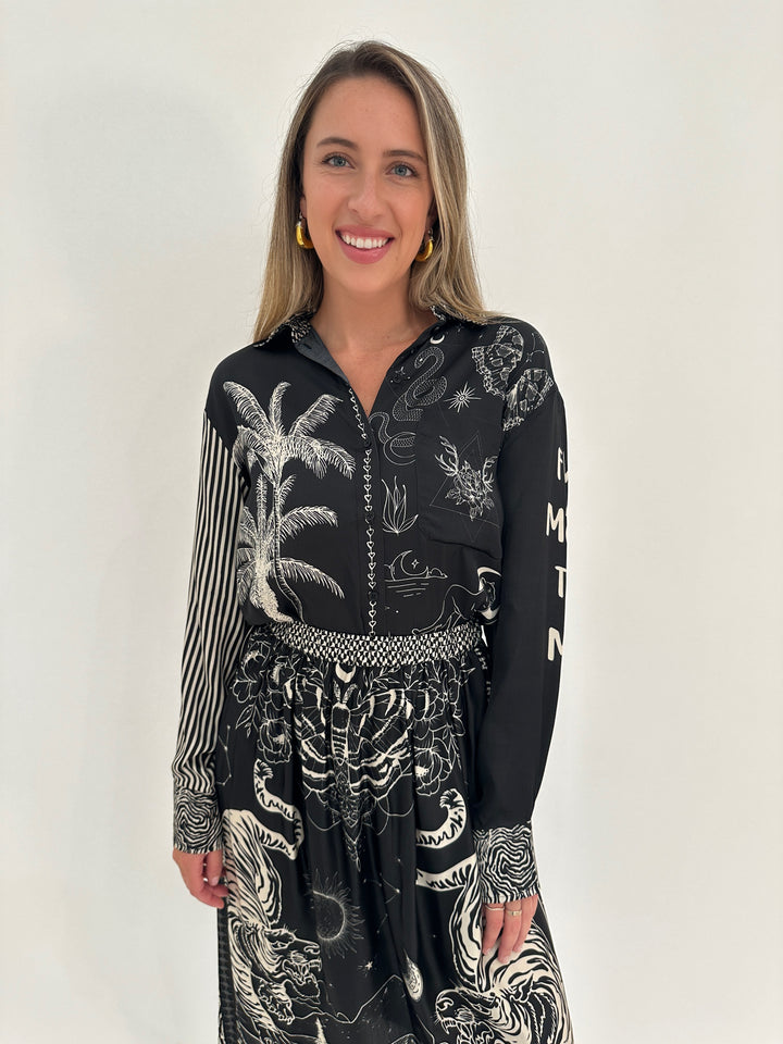 ME369 Isabel Black Magic Printed Shirt paired with Vanessa Printed Midi Skirt available at Barbara KAtz