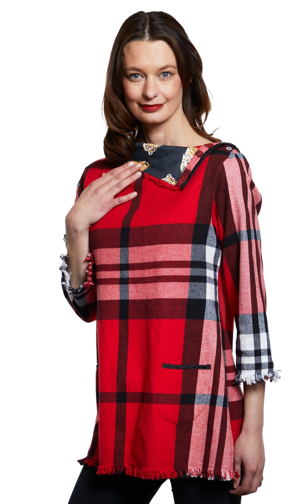 Dizzy-Lizzie Aspen Cowl Neck Tunic in Red Yarndyed Flannel Plaid available at Barbara Katz