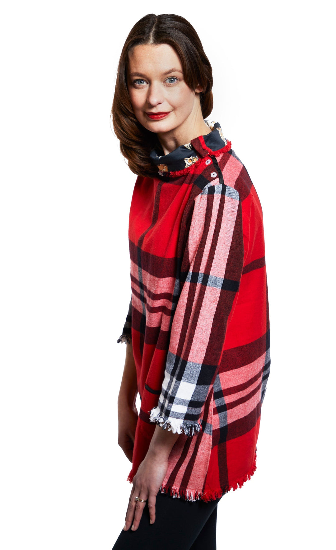 Dizzy-Lizzie Aspen Cowl Neck Tunic in Red Yarndyed Flannel Plaid available at Barbara Katz