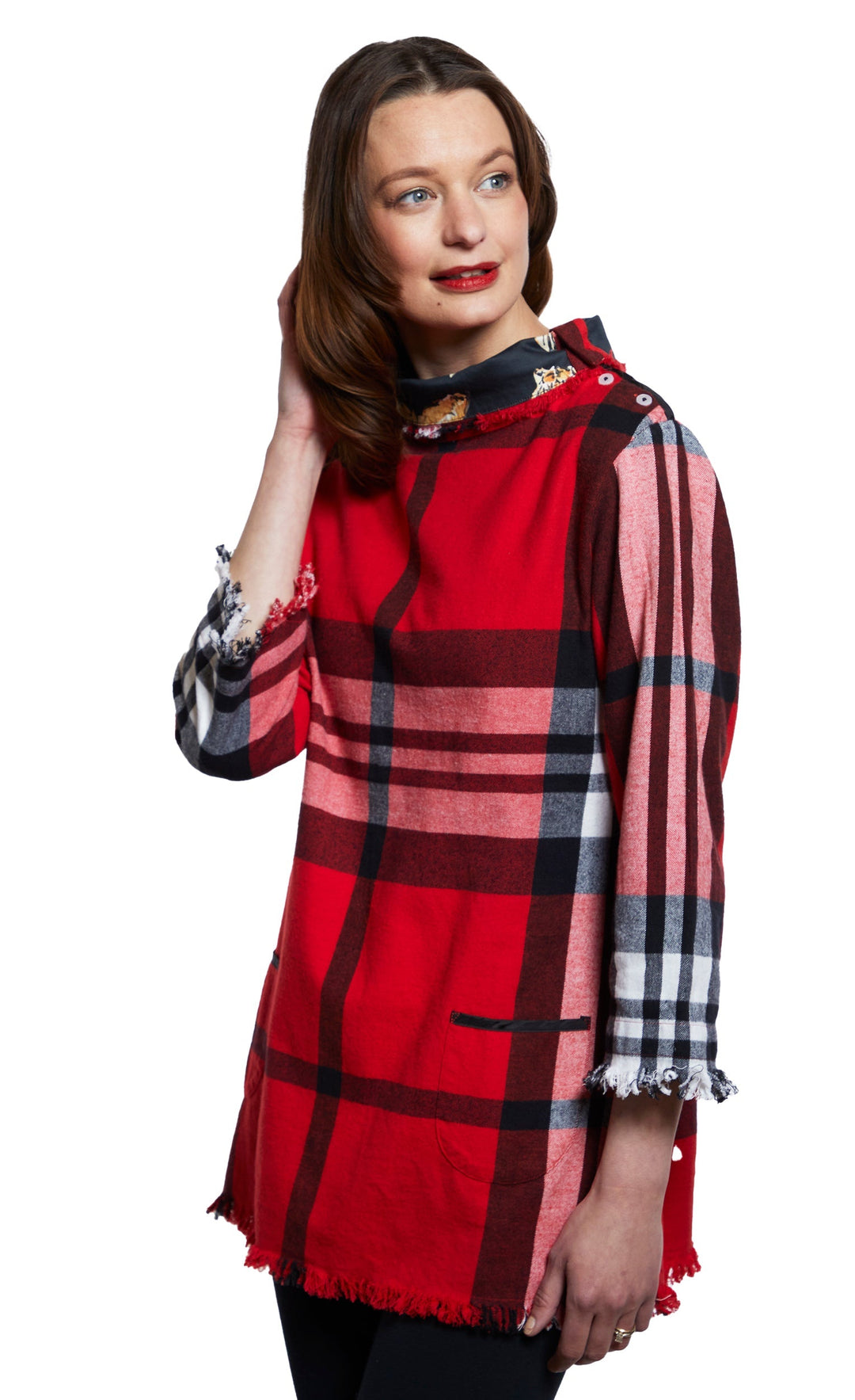 Dizzy-Lizzie Aspen Cowl Neck Tunic in Red Yarndyed Flannel Plaid available at Barbara Katz