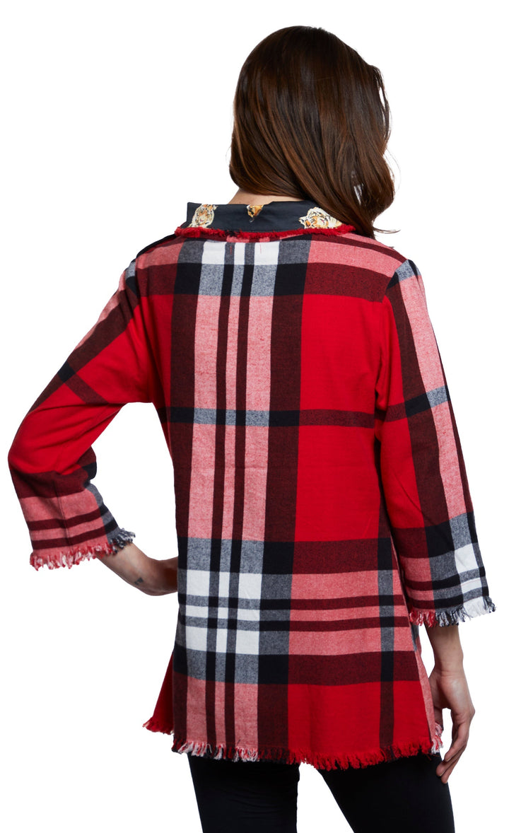 Dizzy-Lizzie Aspen Cowl Neck Tunic in Red Yarndyed Flannel Plaid available at Barbara Katz