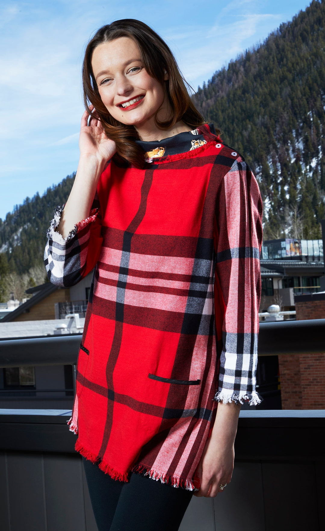 Dizzy-Lizzie Aspen Cowl Neck Tunic In Red Flannel Plaid available at Barbara Katz