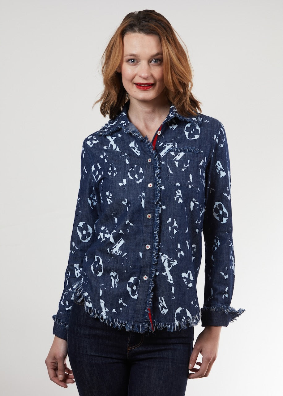 Dizzy-Lizzie Cape Cod Frayed Shirt - Blurred Letters In Denim available at Barbara Katz