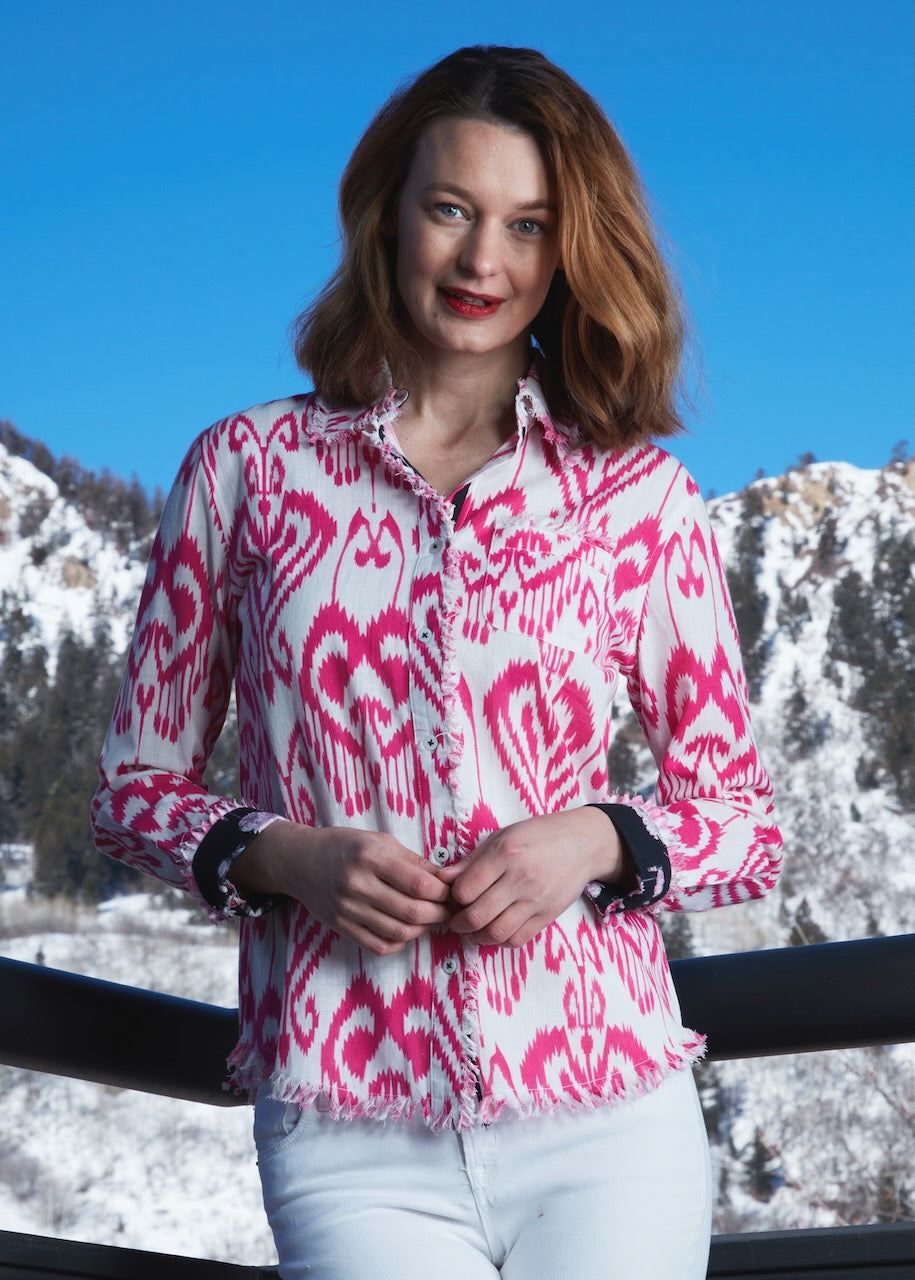 Dizzy-Lizzie Cape Cod Frayed Shirt - Pink White Ikat available at Barbara Katz