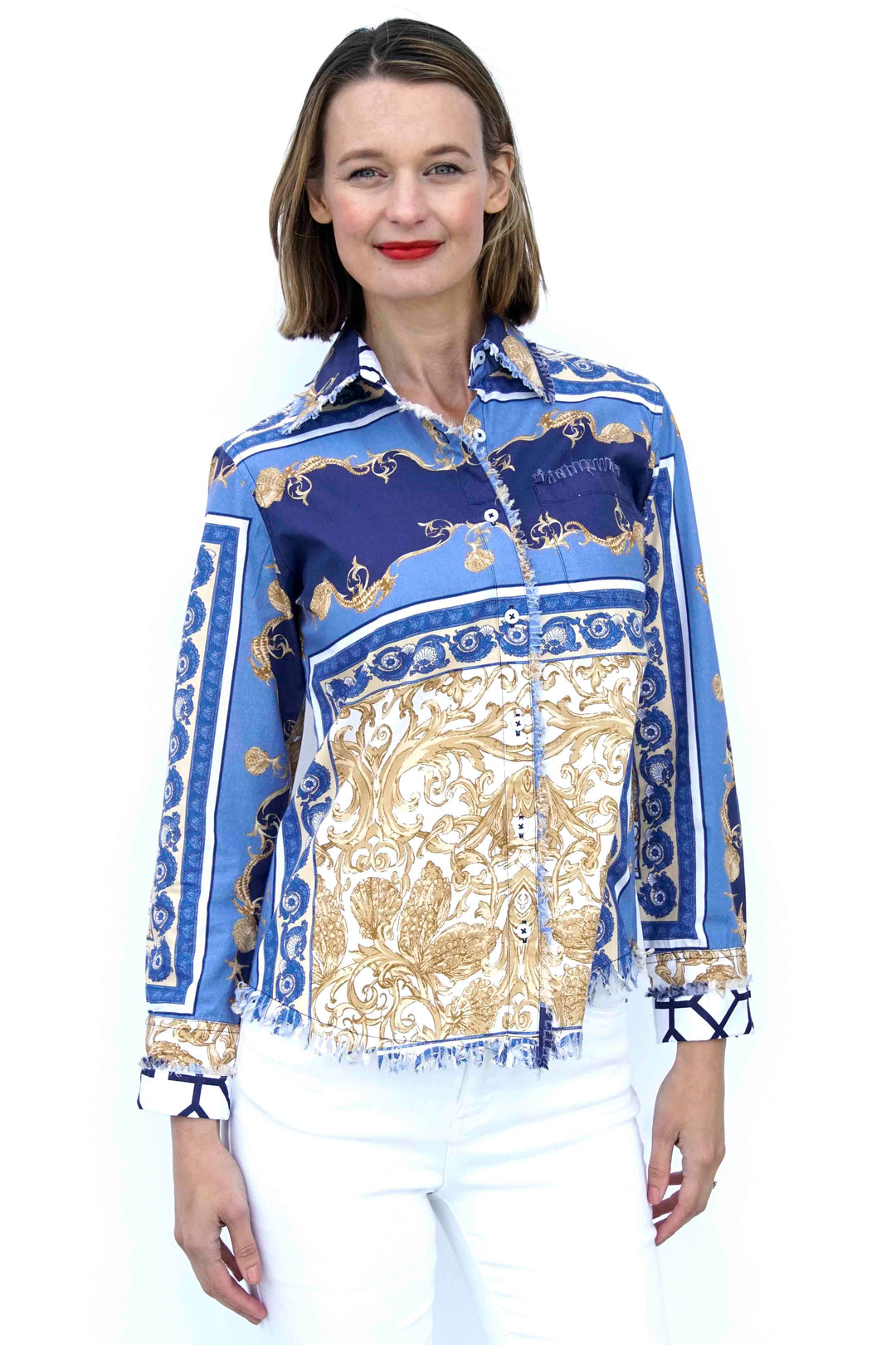 Dizzy-Lizzie Cape Cod Frayed Shirt - Blue White Gold Shells and Blues Ocean Print available at Barbara Katz