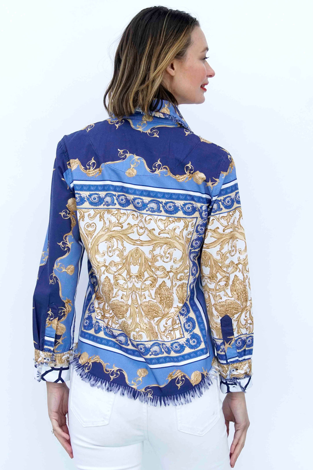 Dizzy-Lizzie Cape Cod Frayed Shirt - Blue White Gold Shells and Blues Ocean Print available at Barbara Katz