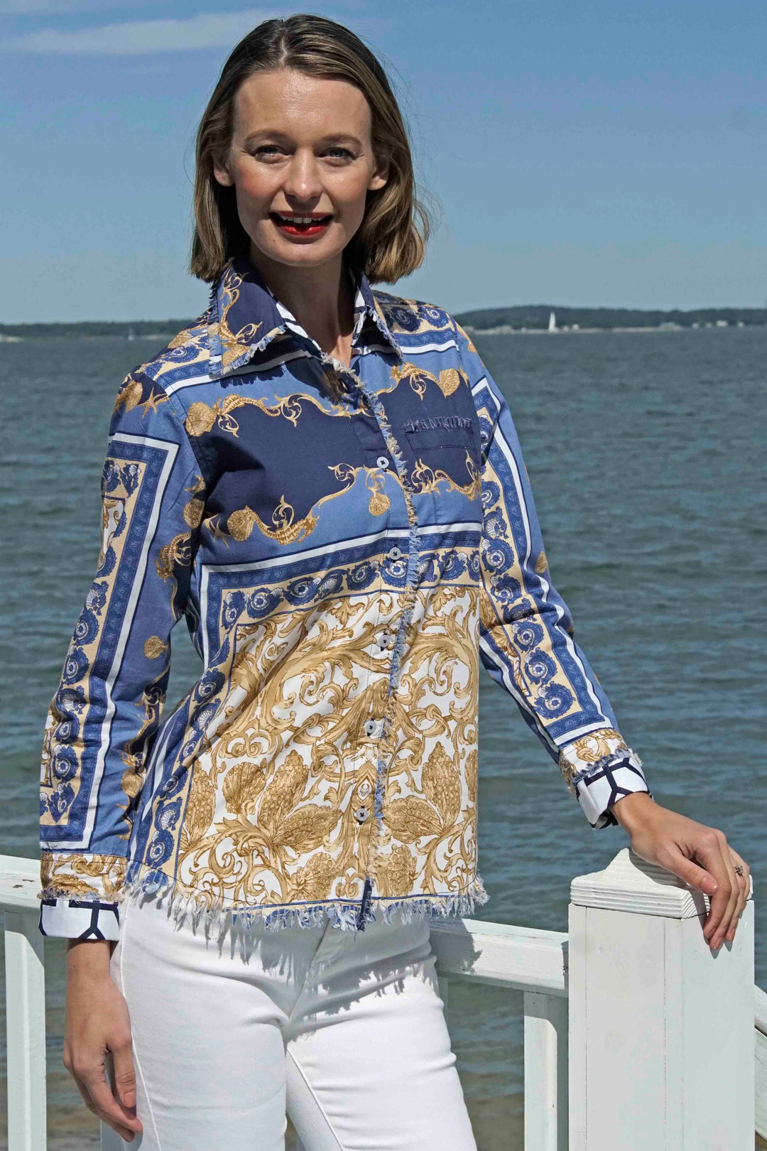 Dizzy-Lizzie Cape Cod Frayed Shirt - Blue White Gold Shells and Blues Ocean Print available at Barbara Katz