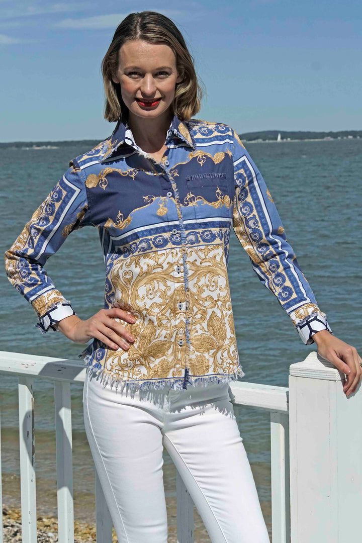 Dizzy-Lizzie Cape Cod Frayed Shirt - Blue White Gold Shells and Blues Ocean Print available at Barbara Katz