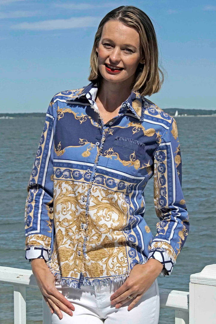 Dizzy-Lizzie Cape Cod Frayed Shirt - Blue White Gold Shells and Blues Ocean Print available at Barbara Katz