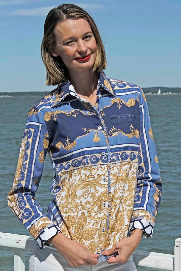 Dizzy-Lizzie Cape Cod Frayed Shirt - Blue White Gold Shells and Blues Ocean Print available at Barbara Katz