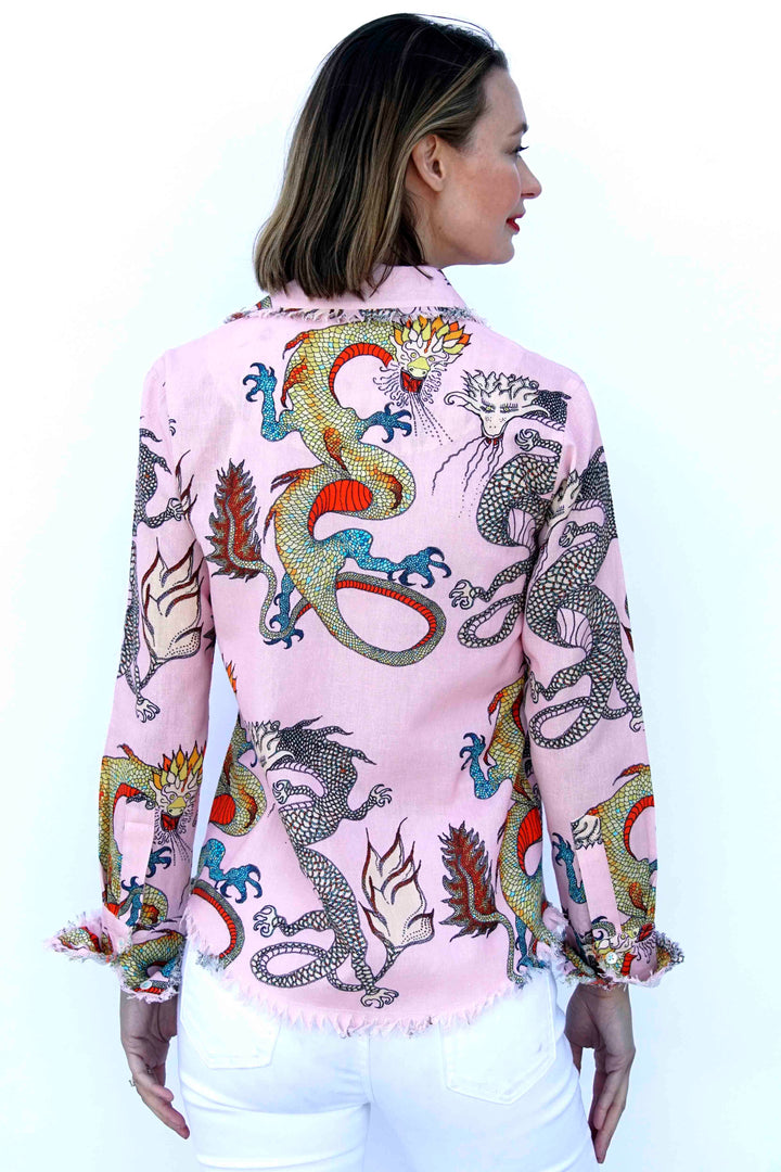 Dizzy-Lizzie Cape Cod Frayed Shirt - Pink Ground Dragons available at Barbara Katz